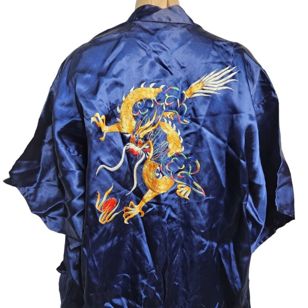 Vintage Asian Silk Kimono Robe Embroidered Dragon Blue Long Size Medium